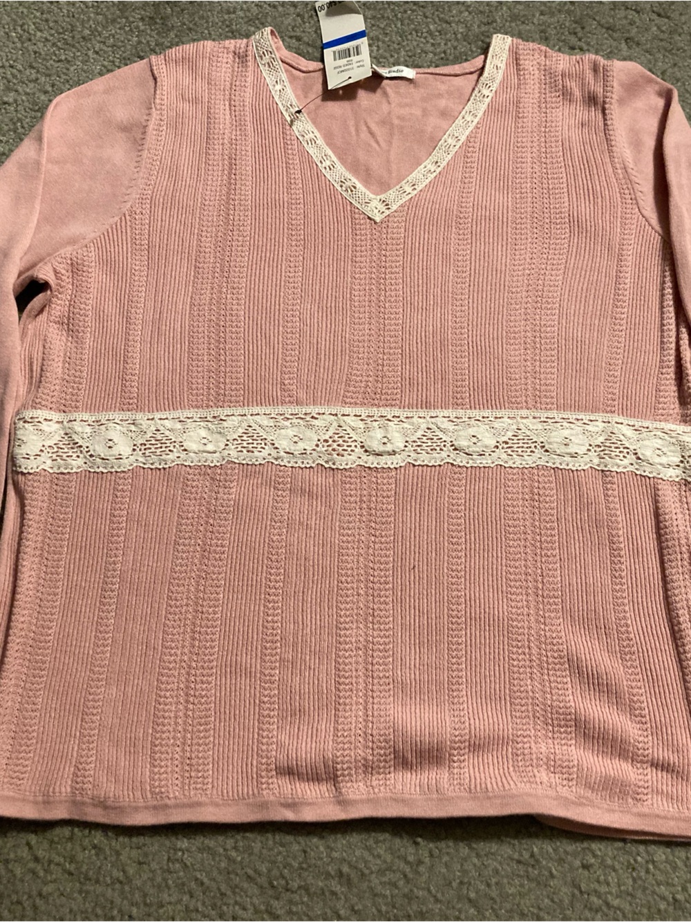 Pink V-Neck Knit Top with Lace Trim XL